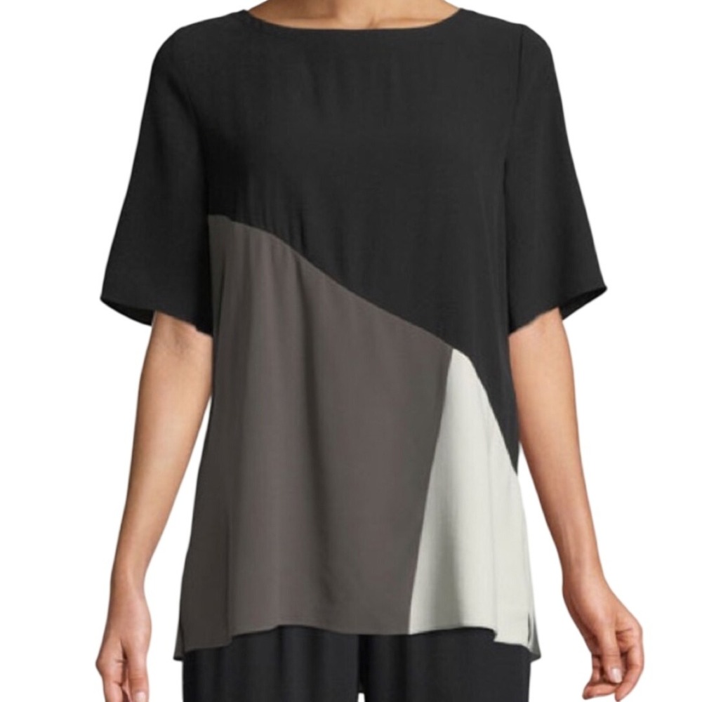 Eileen Fisher Bateau Neck Top Silk Colorblock Short Sleeve Multi XS Quiet Luxury